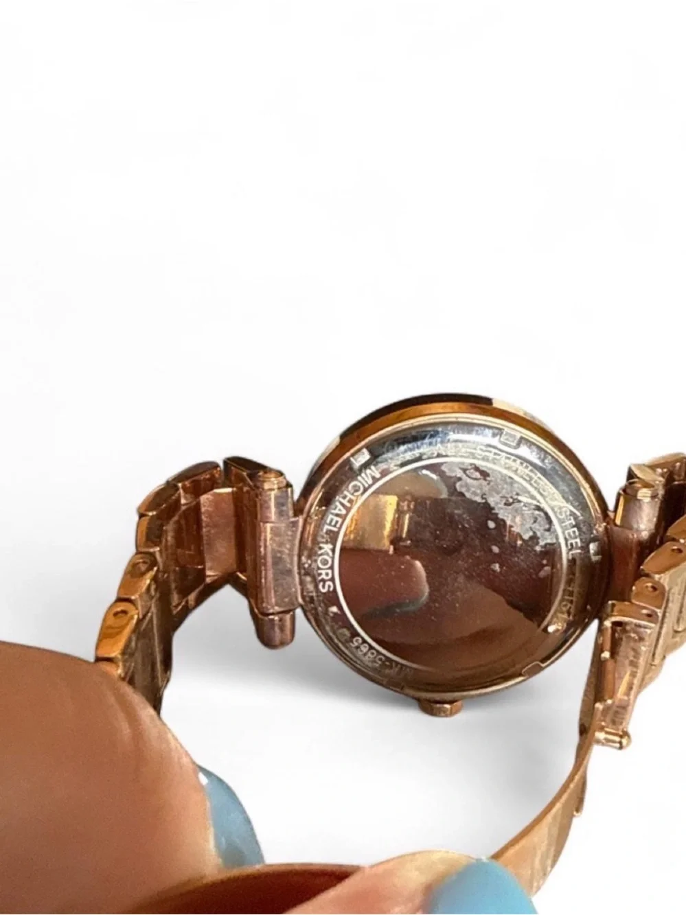 Michael Kors Women’s Rose Gold-tone MK Logo Crystal Bezel Watch